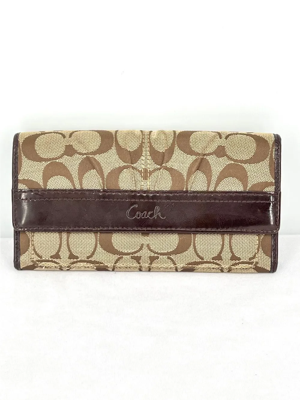Coach Signature Canvas Khaki Jacquard Brown Leather Trifold Snap Closure Wallet